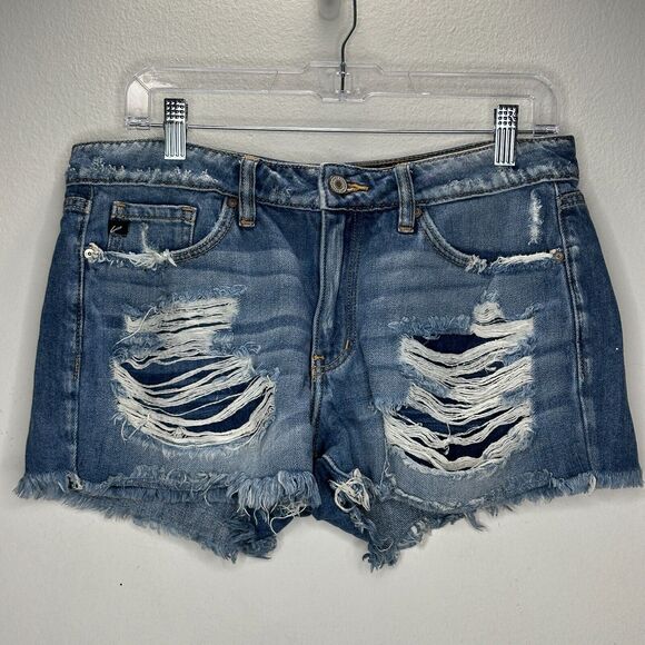 Kancan Medium Blue Wash Mid-Rise Distressed Raw Hem Denim Jean Shorts 28 - Picture 4 of 15